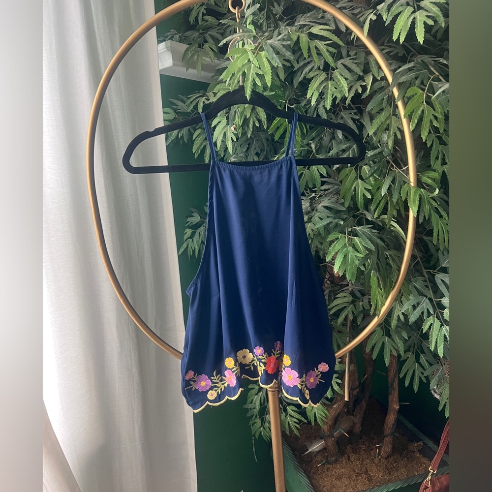 Favlux Navy Blue Scalloped Top with Floral Embroidery